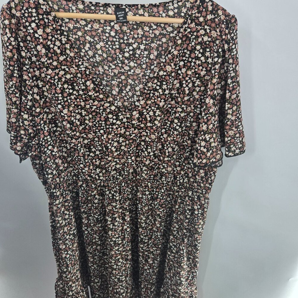 Shein Curve Black Floral Dark Cottagecore V-Neck Elastic Waist Midi Dress 3XL